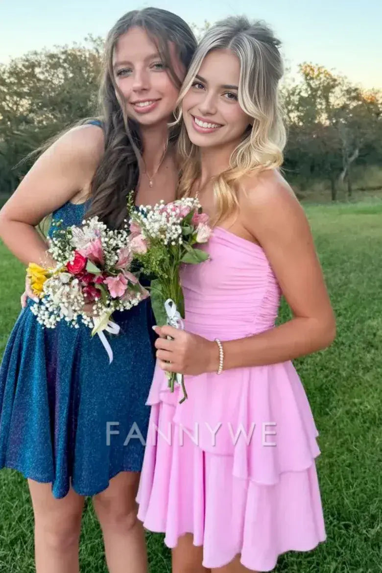 FannyWe Simple Pink A-Line Strapless Empire-Waist Layered Sleeveless Homecoming Dress formal wear dresses